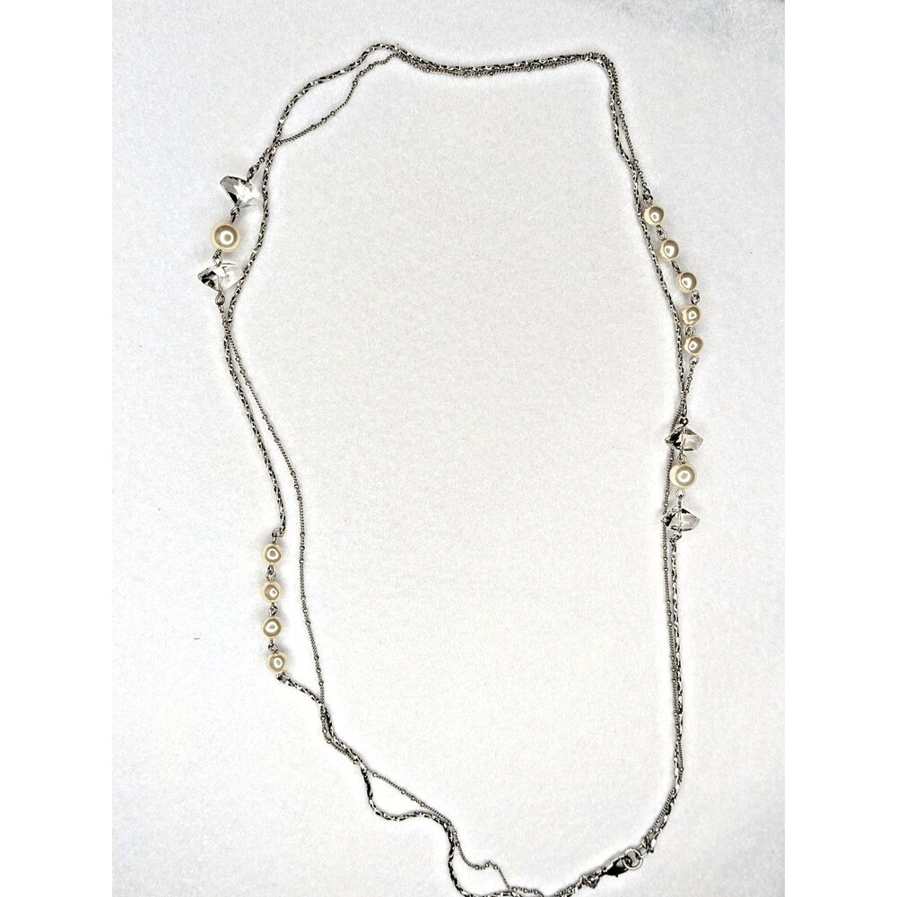 34" Silver-tone Banana Republic Two-strand Signed Faux Pearl Fashion Necklace